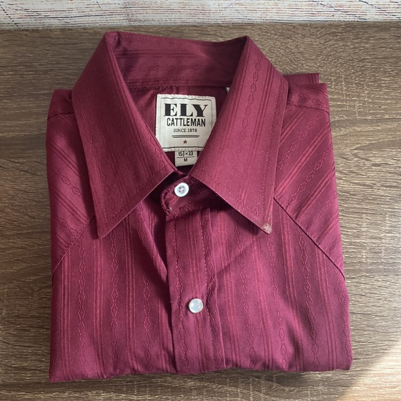 Mens Medium Ely Cattleman Burgundy Pearl Snap Western Button Down - Picture 13 of 13